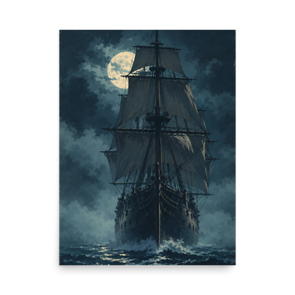 Tall ship sailing under full moon at night, vintage atmospheric nautical wall art print, JMTR Jeometry Store