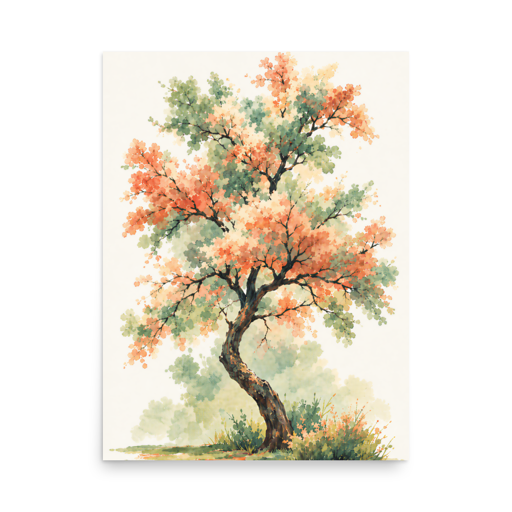 Watercolor painting of a blossoming tree with coral and sage green leaves, twisting trunk in a quiet meadow, wall art print, JMTR Jeometry Store