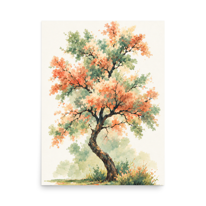 Watercolor painting of a blossoming tree with coral and sage green leaves, twisting trunk in a quiet meadow, wall art print, JMTR Jeometry Store