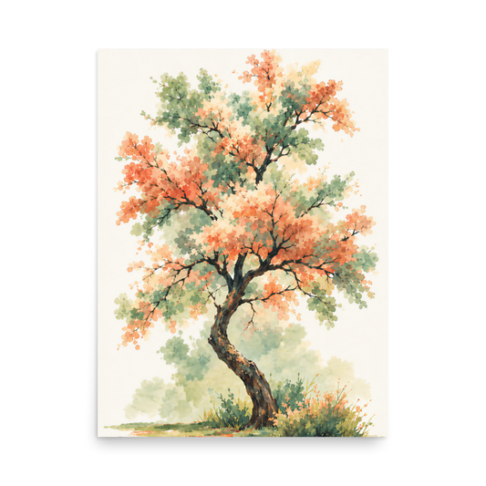 Watercolor painting of a blossoming tree with coral and sage green leaves, twisting trunk in a quiet meadow, wall art print, JMTR Jeometry Store