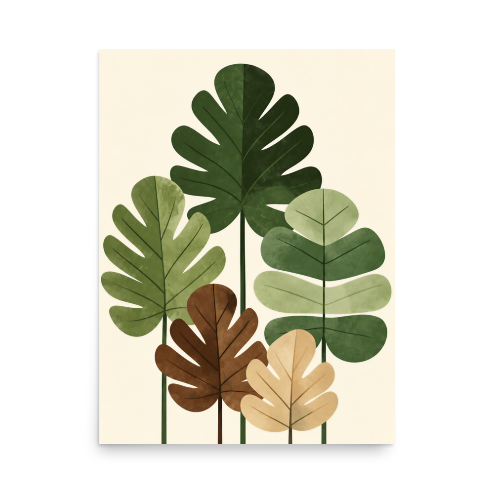 Illustrated fig leaves in shades of green, brown and gold with textured paper-like finish, botanical wall art print, JMTR Jeometry Store