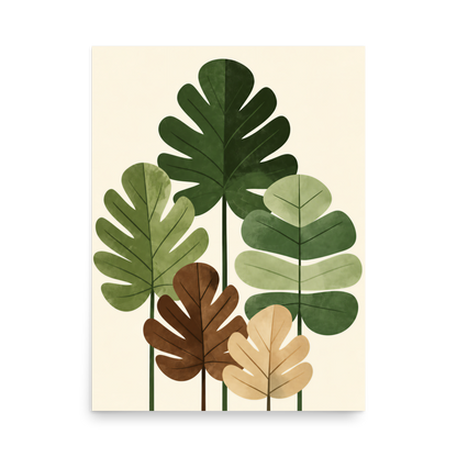 Illustrated fig leaves in shades of green, brown and gold with textured paper-like finish, botanical wall art print, JMTR Jeometry Store