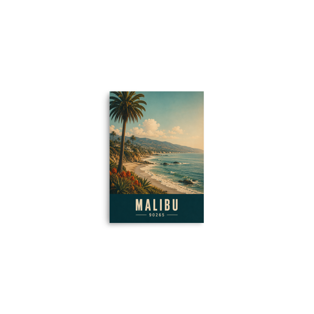 Retro Malibu California travel poster with palm tree and ocean cliff view, ZIP code 90265