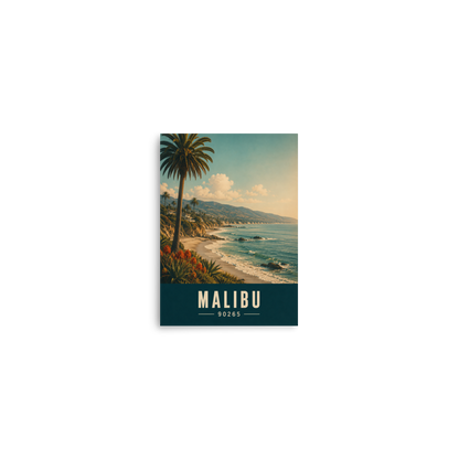 Retro Malibu California travel poster with palm tree and ocean cliff view, ZIP code 90265