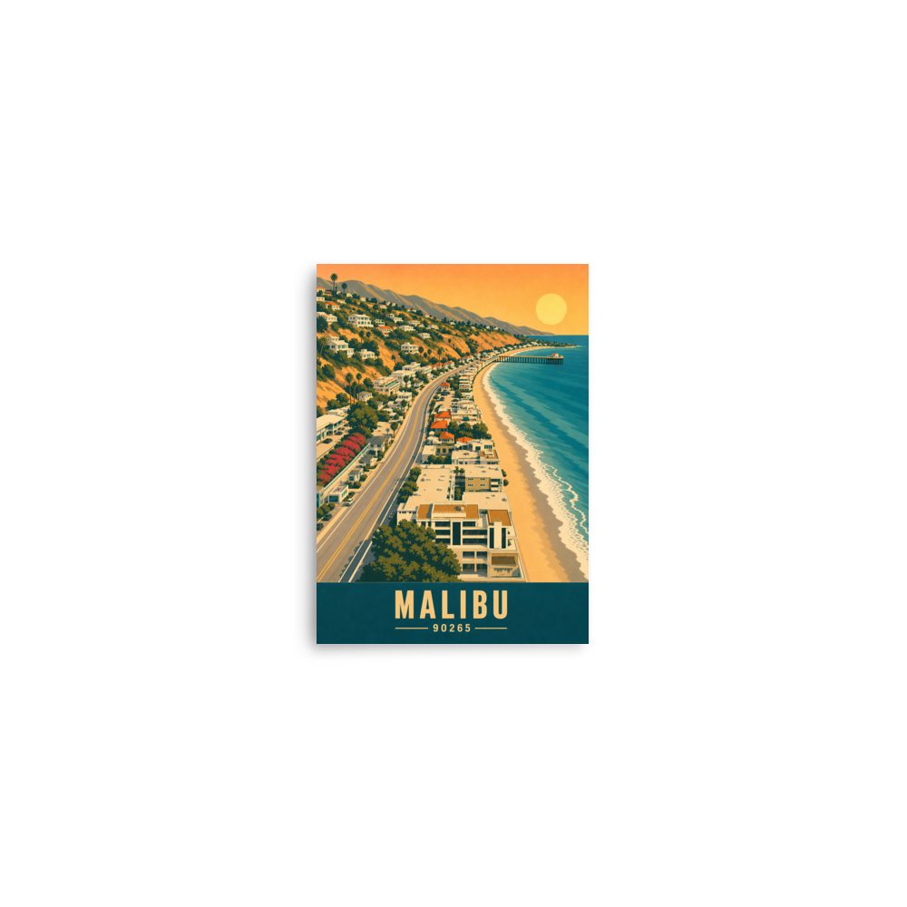 Aerial Malibu Pacific Coast Highway sunset poster with 90265 zip code