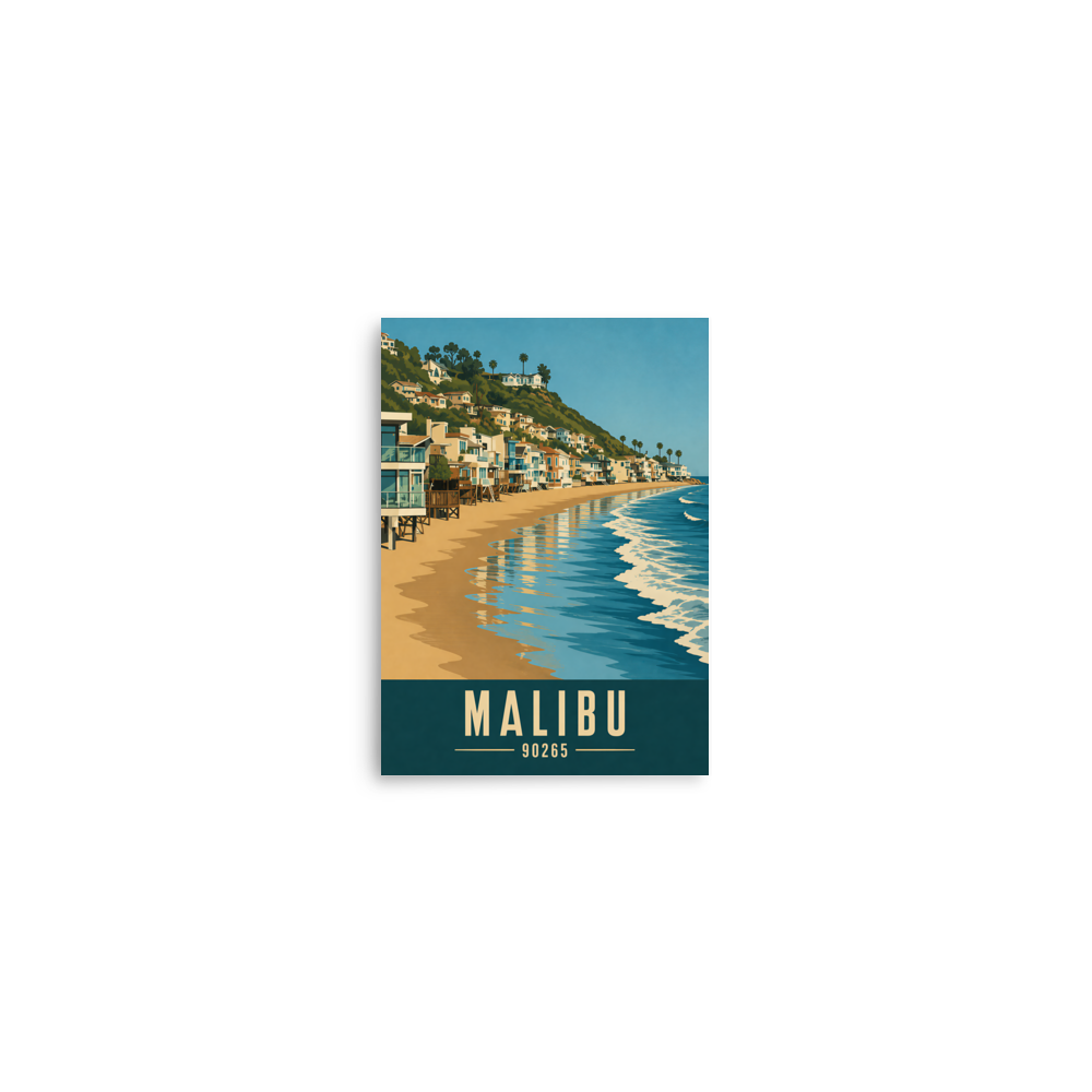 Malibu beach house coastal poster with 90265 zip code, beachfront wall art