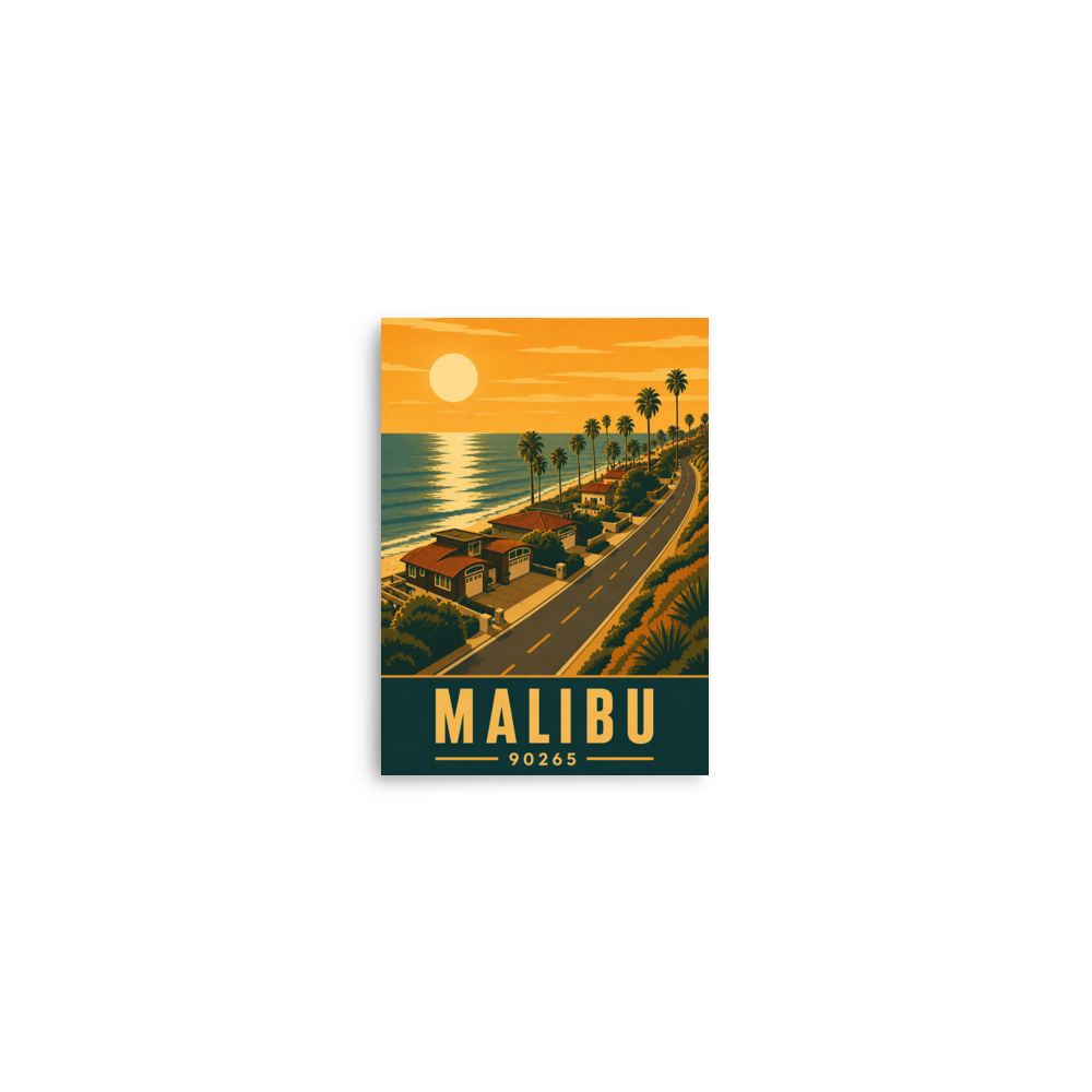 Malibu palm-lined sunset coastal road poster with 90265 zip code