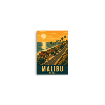 Malibu palm-lined sunset coastal road poster with 90265 zip code
