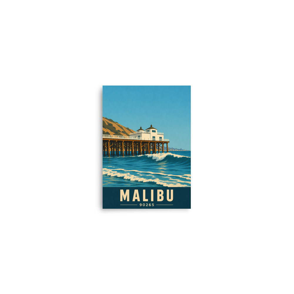 Malibu oceanfront pier and waves poster with 90265 zip code