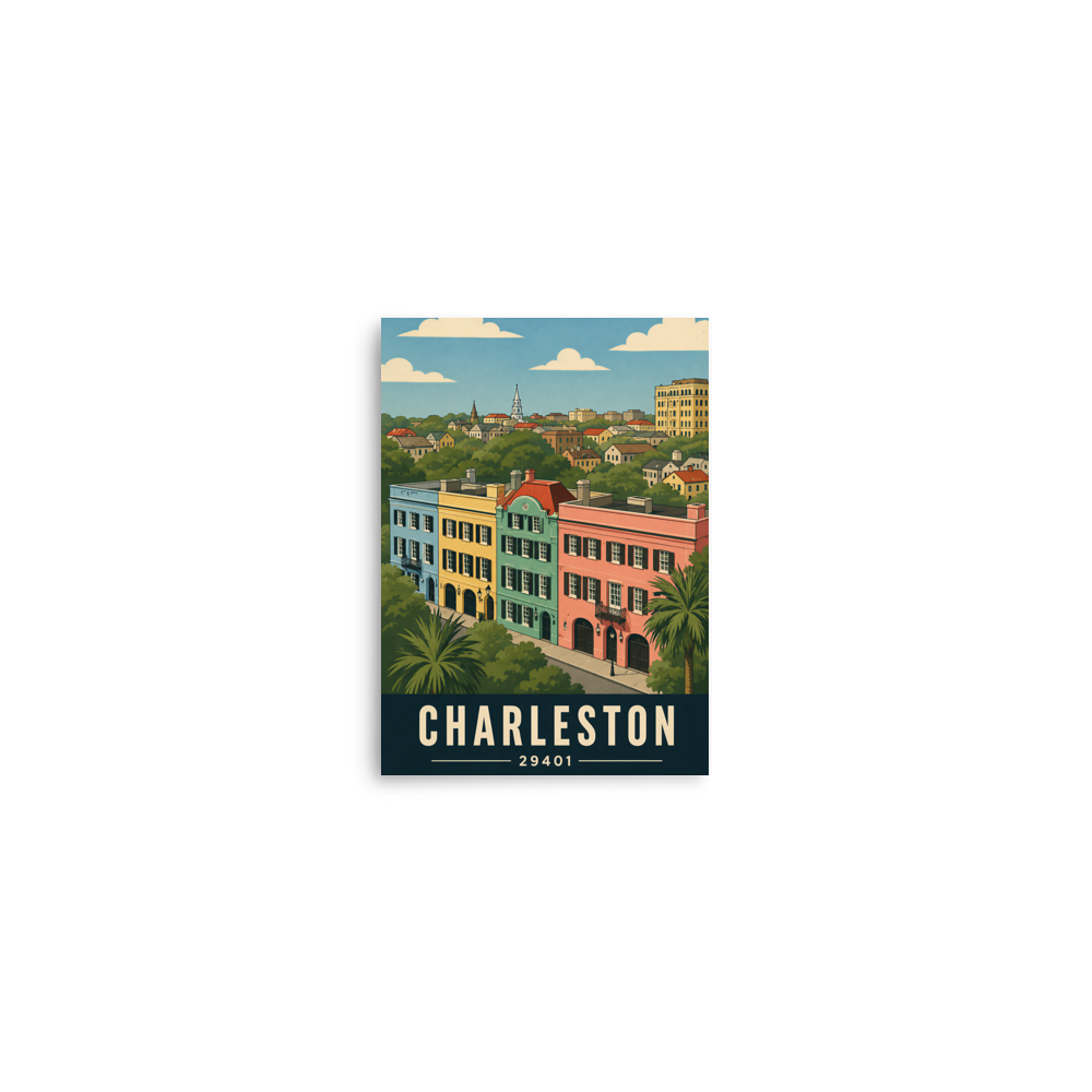 Rainbow Row Charleston historic homes poster with 29401 zip code