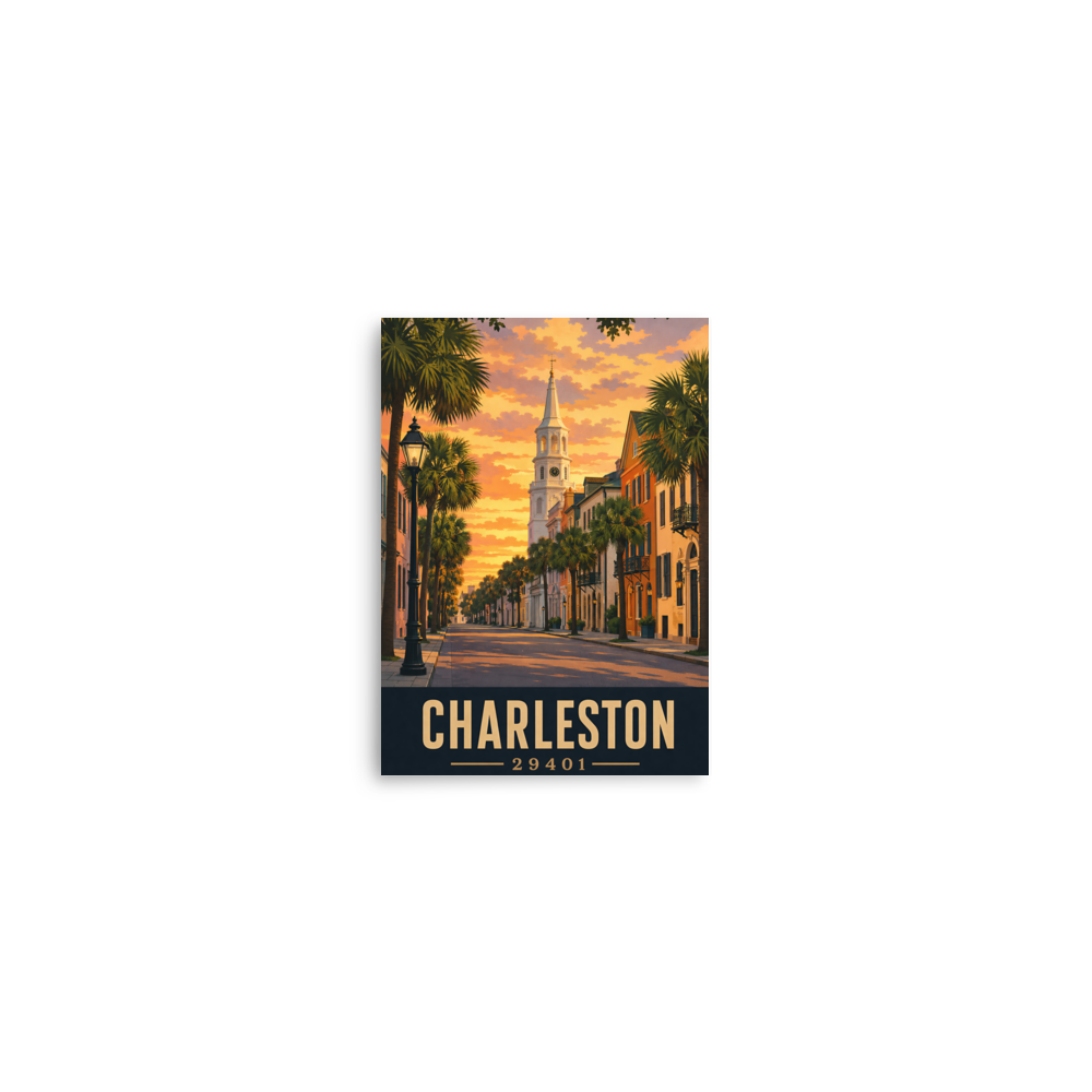 Charleston St. Michael's Church steeple sunset poster with 29401 zip code
