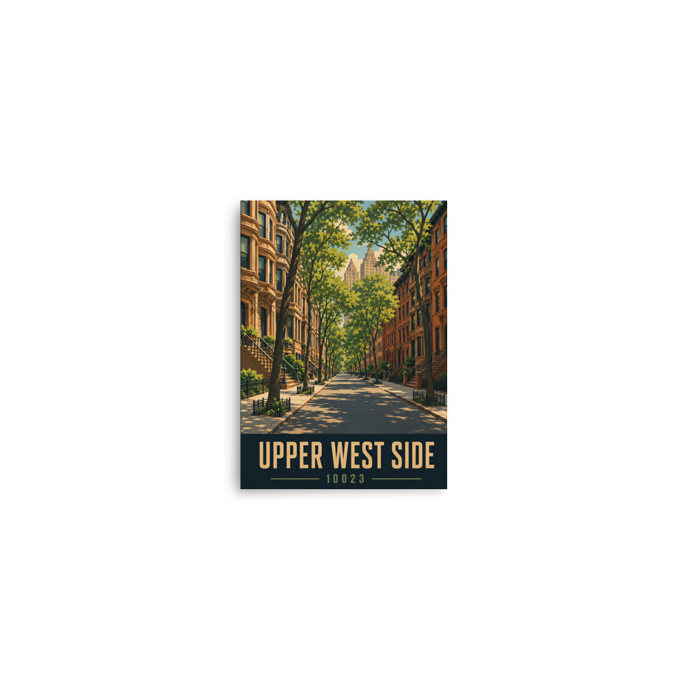 Upper West Side brownstone street poster with 10023 zip code, retro NYC wall art