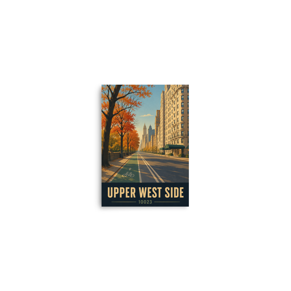 Central Park West autumn poster with 10023 zip code, retro NYC wall art