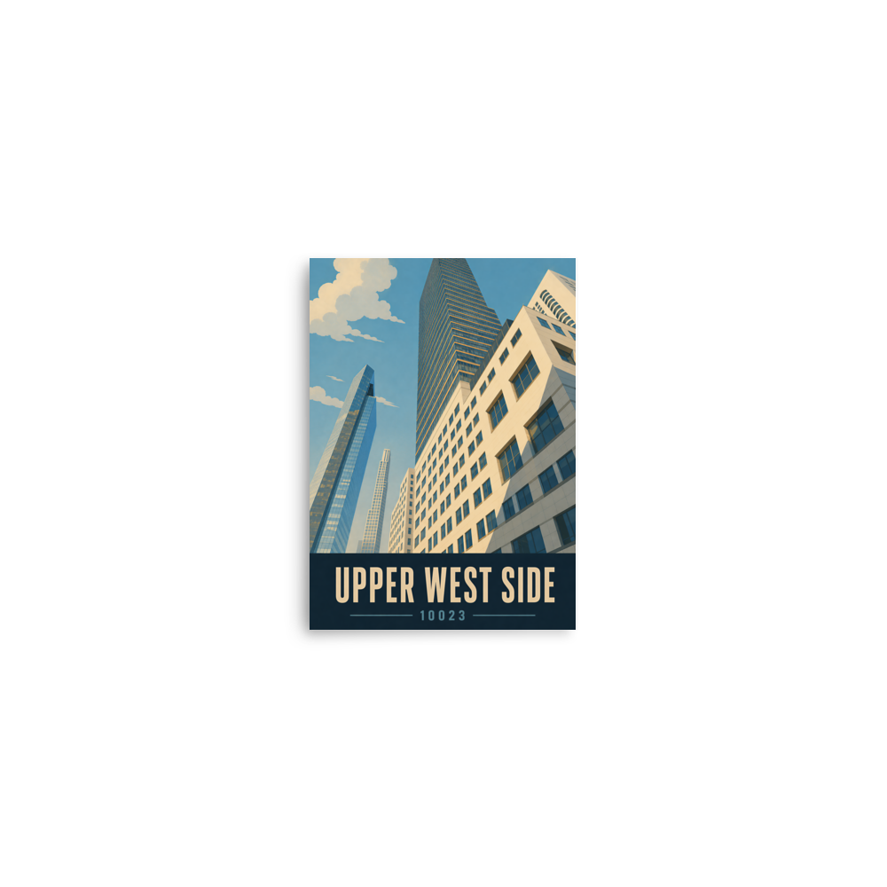 Upper West Side poster with Manhattan glass skyscraper view and 10023 zip code