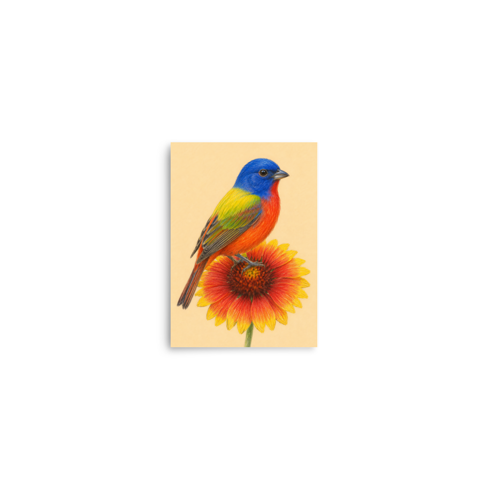 Painted Bunting colored pencil illustration on Indian Blanket flower, sandy cream background wall art