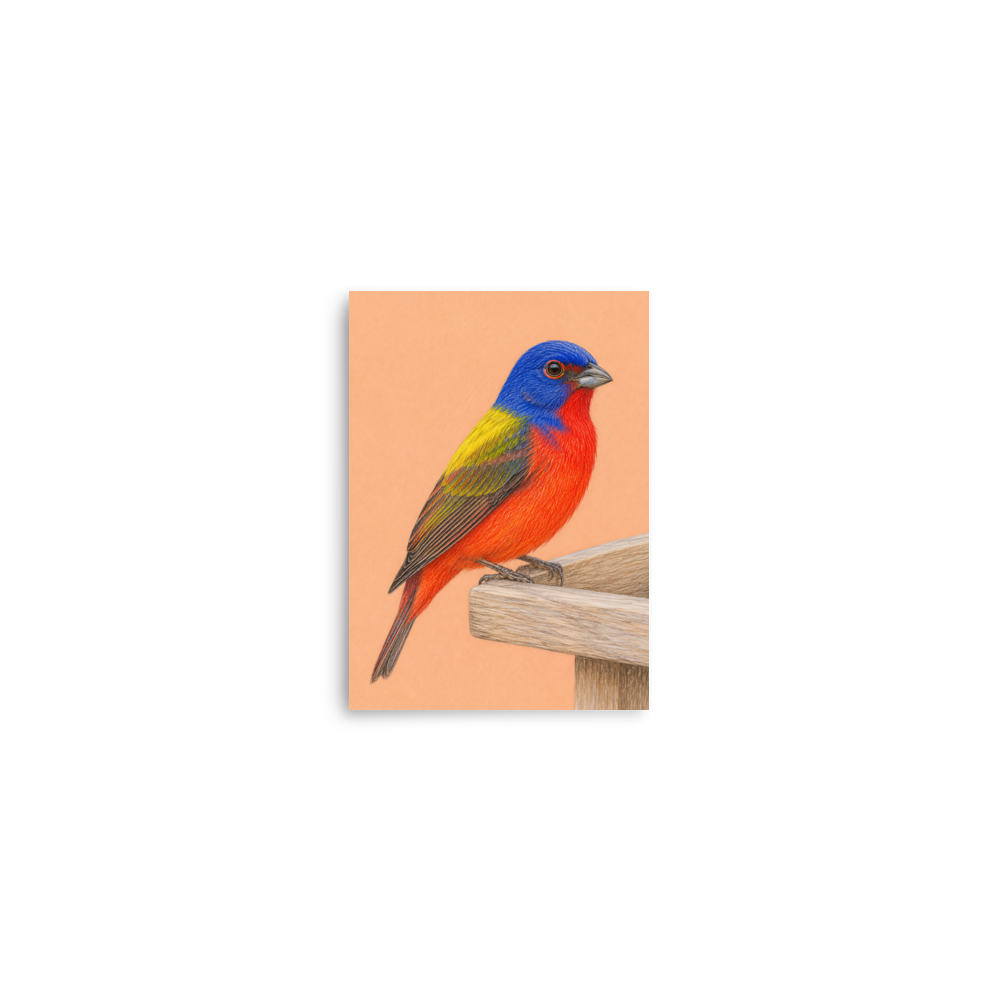 Painted Bunting colored pencil illustration on wooden feeder, apricot pastel background wall art