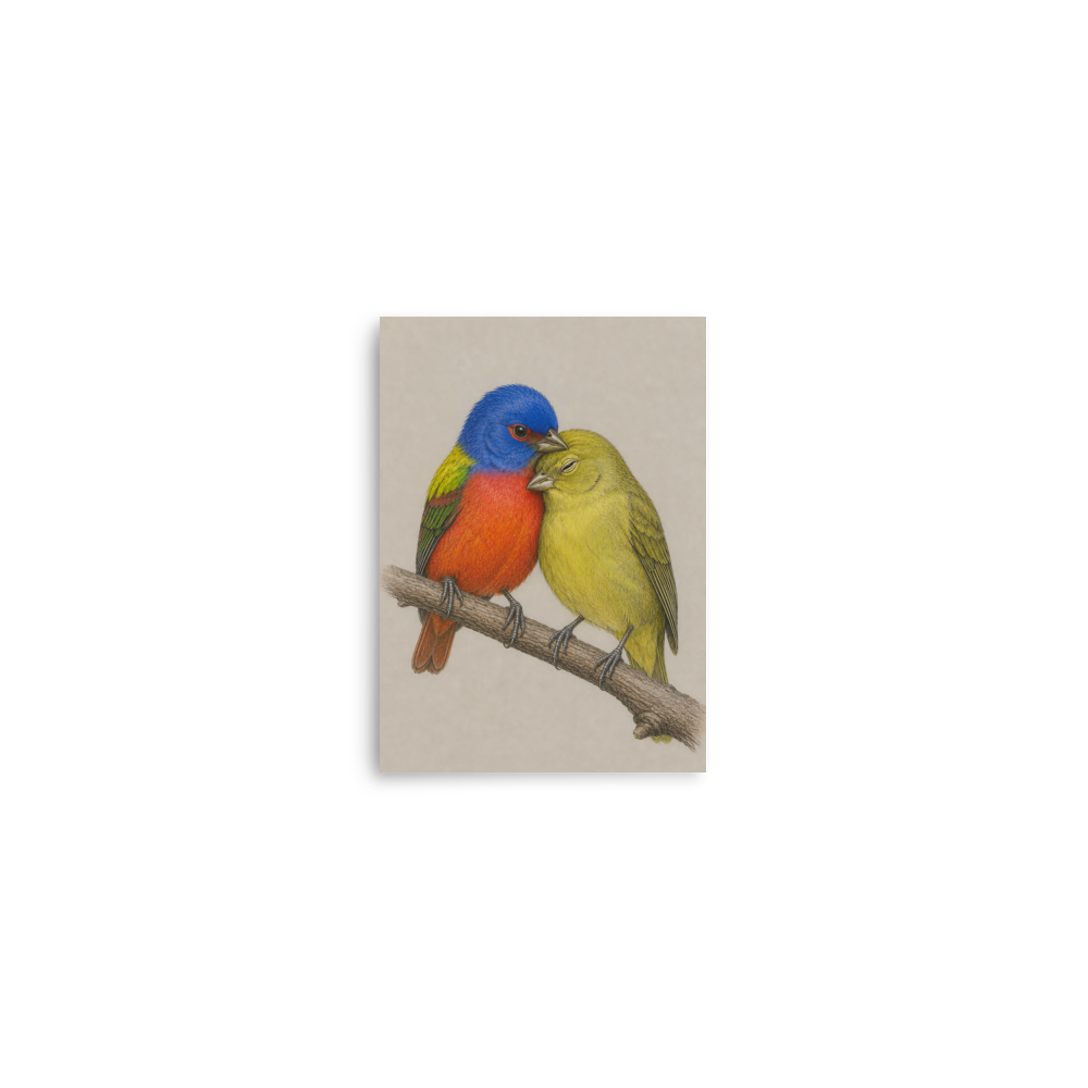 Male and female Painted Bunting pair colored pencil illustration on neutral background wall art