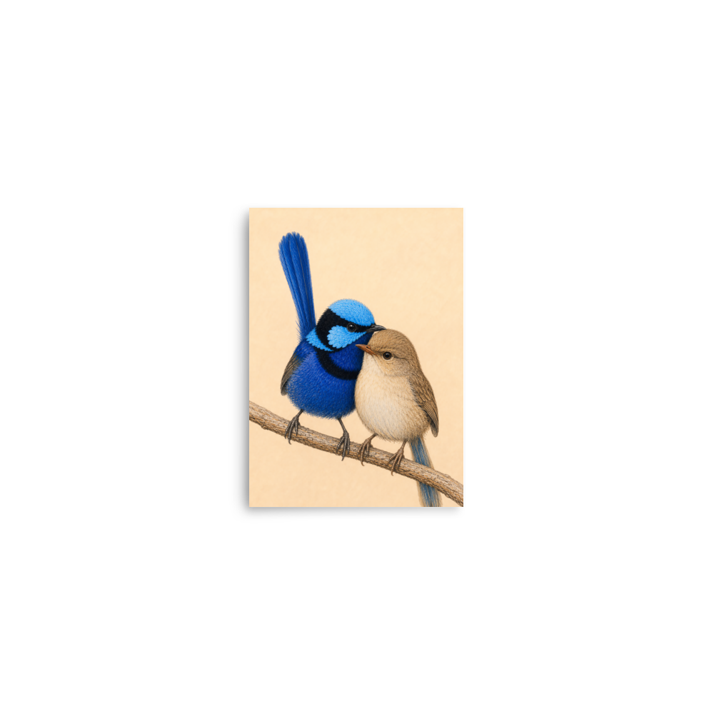 Male and female Splendid Fairywren blue wren pair colored pencil illustration on warm background