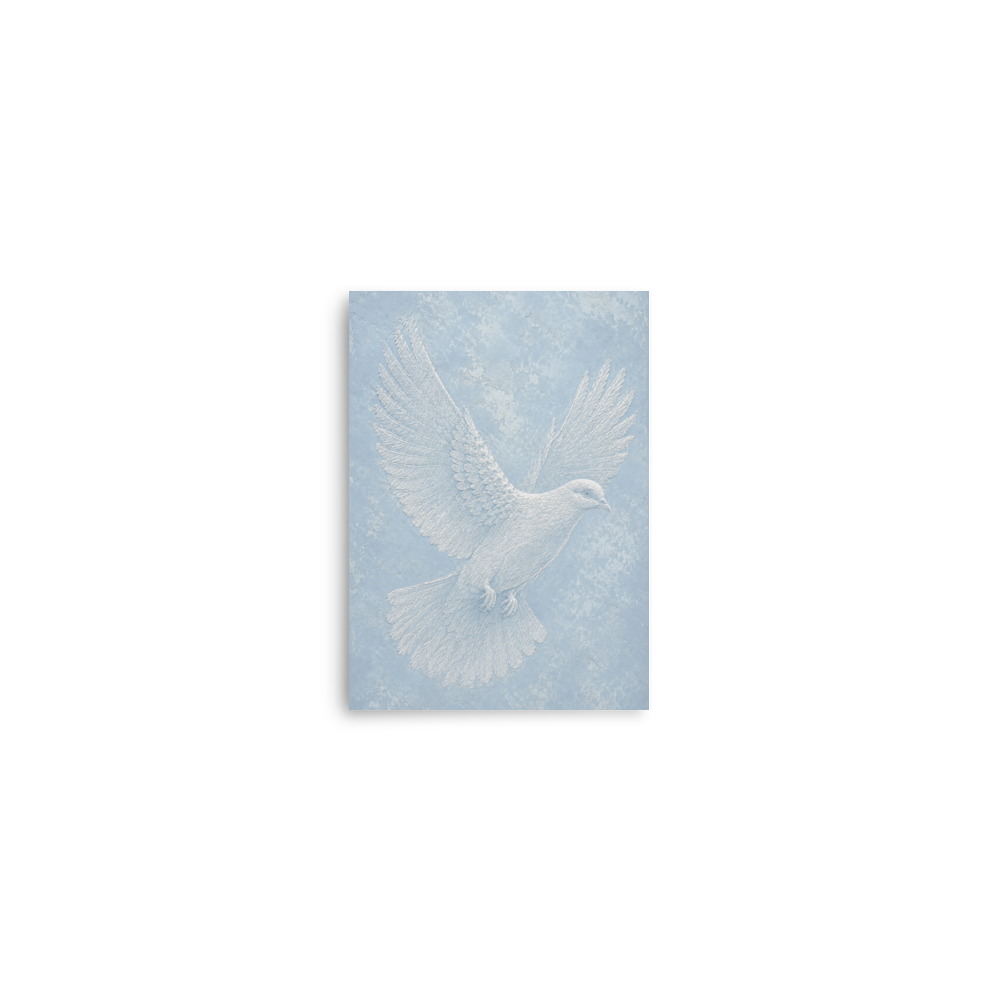Peace dove print with embossed relief-look design on dusty blue textured background