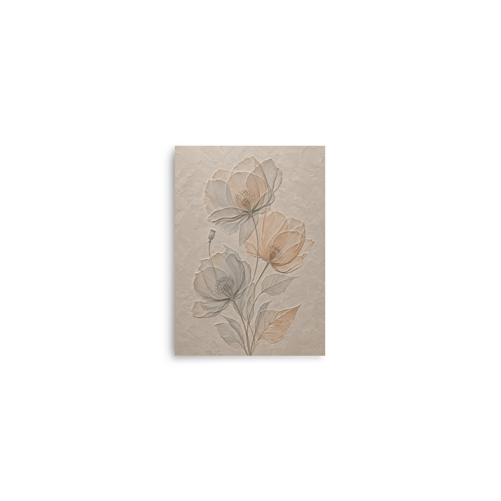 Wildflower bouquet print with embossed relief-look design on neutral beige textured background