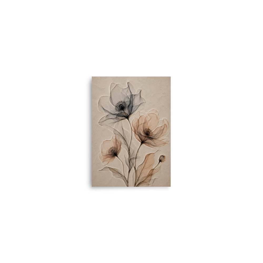 Wildflower trio print with embossed relief-look design in charcoal and clay tones on beige textured background