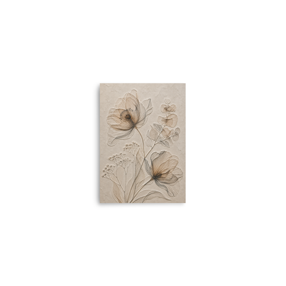 Botanical study print with embossed relief-look design in warm sepia tones on beige textured background
