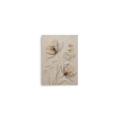 Botanical study print with embossed relief-look design in warm sepia tones on beige textured background