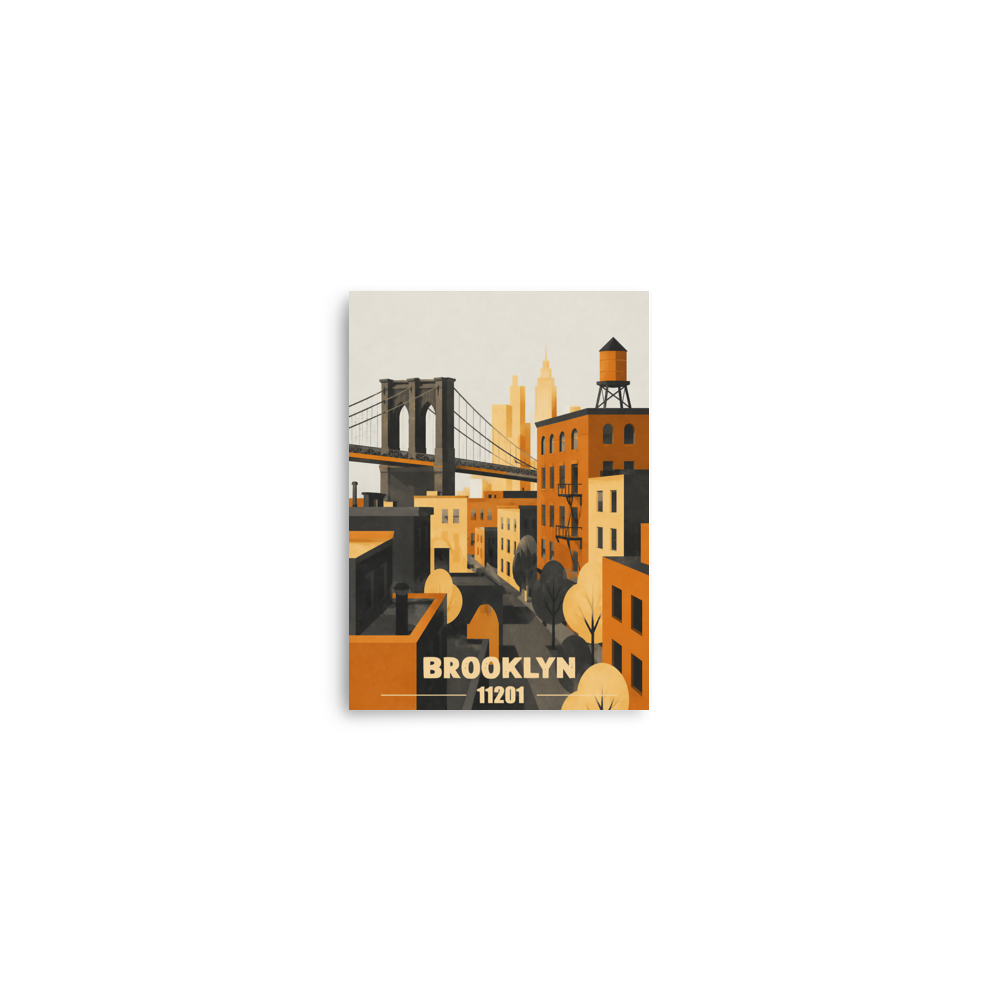 Brooklyn fire escape retro travel poster print, 11201 zip code wall art, unframed