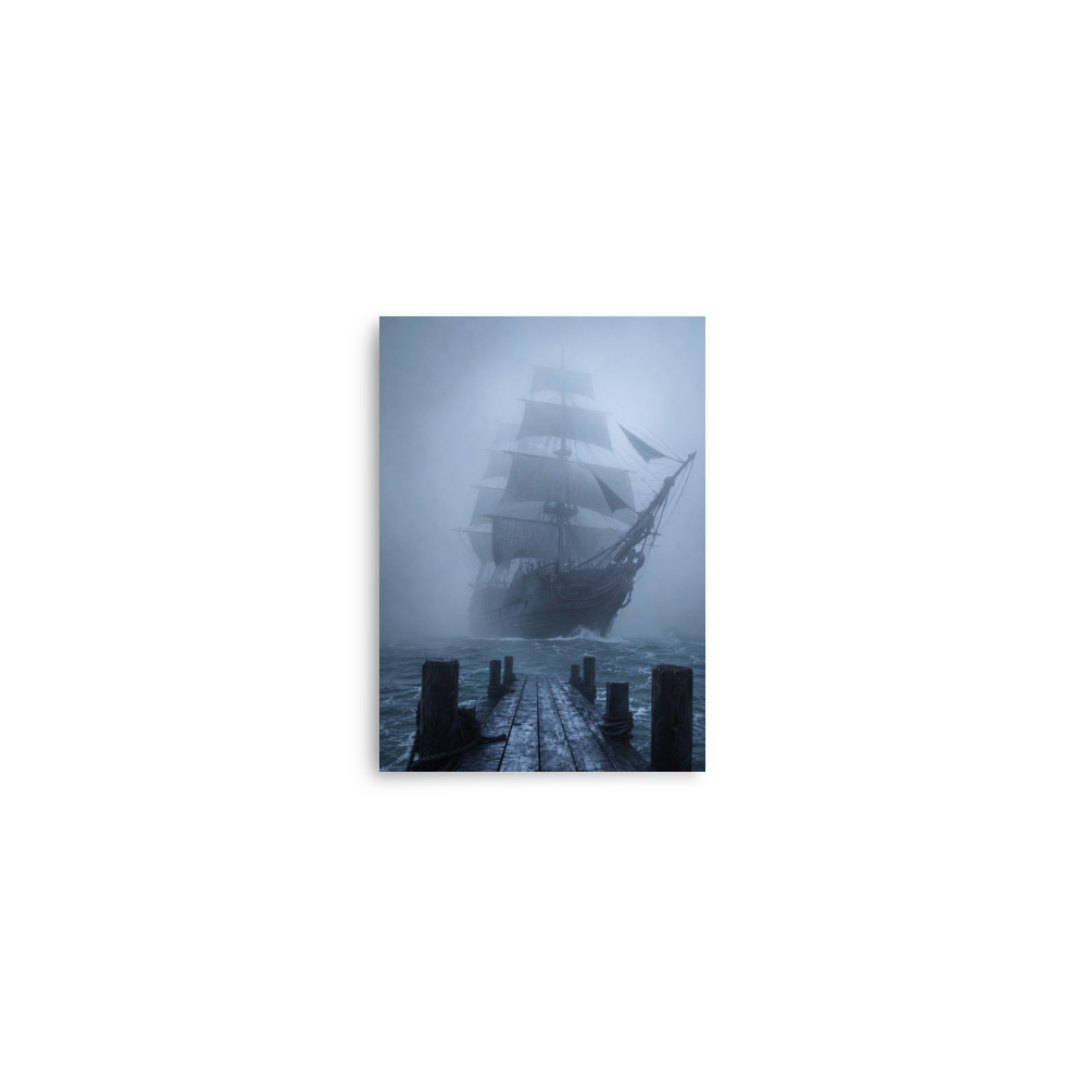 Ghost ship emerging from fog at dawn, dark moody coastal wall art print, JMTR Jeometry Store