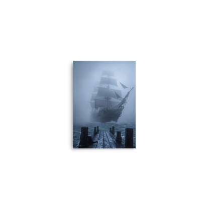 Ghost ship emerging from fog at dawn, dark moody coastal wall art print, JMTR Jeometry Store