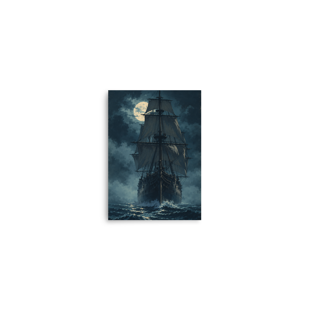 Tall ship sailing under full moon at night, vintage atmospheric nautical wall art print, JMTR Jeometry Store