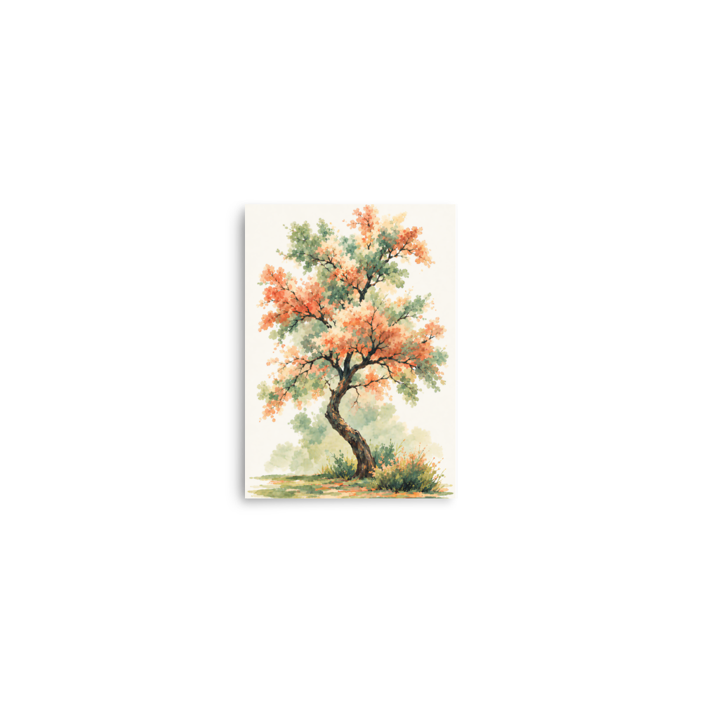 Watercolor painting of a blossoming tree with coral and sage green leaves, twisting trunk in a quiet meadow, wall art print, JMTR Jeometry Store