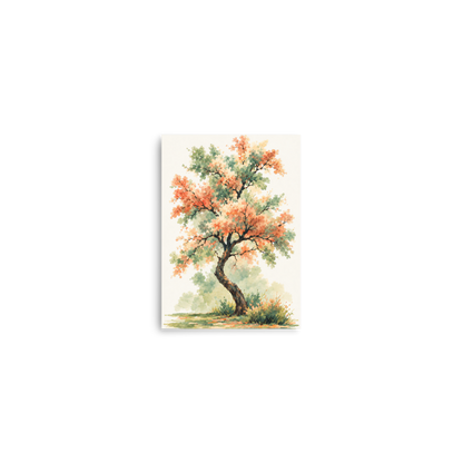 Watercolor painting of a blossoming tree with coral and sage green leaves, twisting trunk in a quiet meadow, wall art print, JMTR Jeometry Store