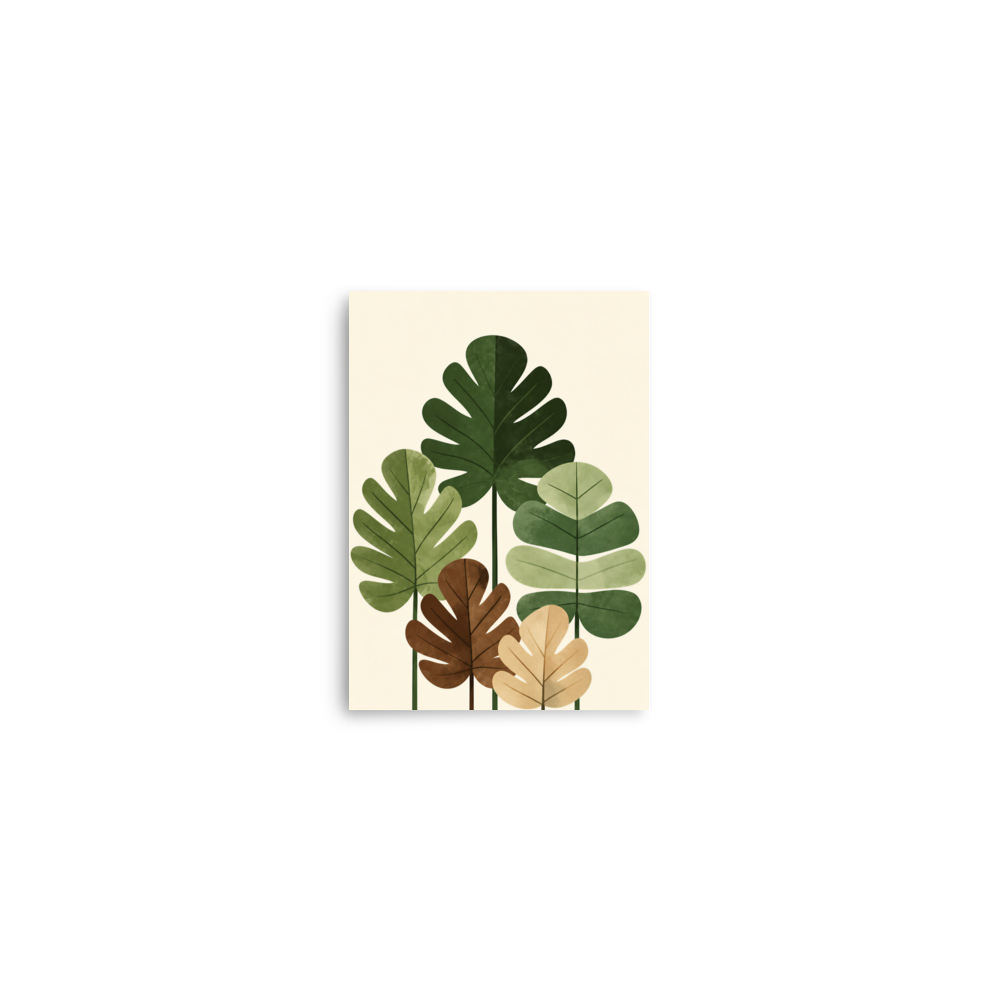 Illustrated fig leaves in shades of green, brown and gold with textured paper-like finish, botanical wall art print, JMTR Jeometry Store