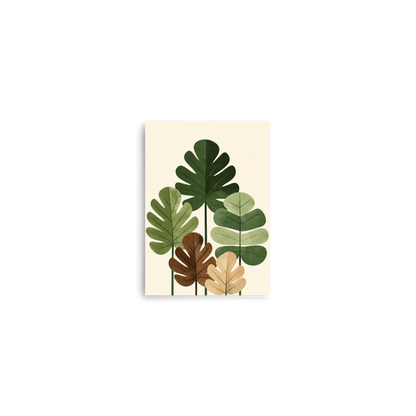 Illustrated fig leaves in shades of green, brown and gold with textured paper-like finish, botanical wall art print, JMTR Jeometry Store
