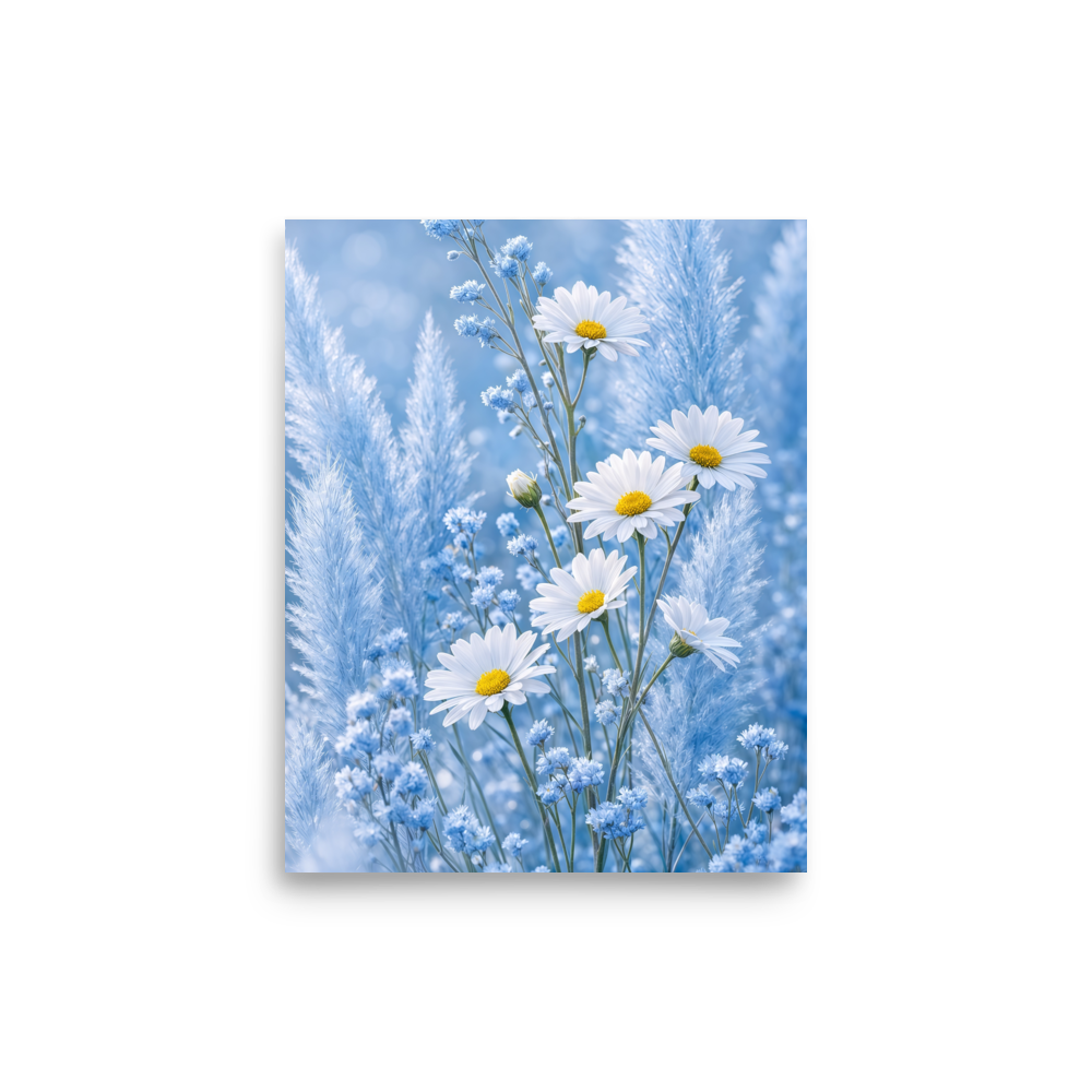 Minimalist floral art print featuring white daisies in a pale blue meadow with soft neutral tones