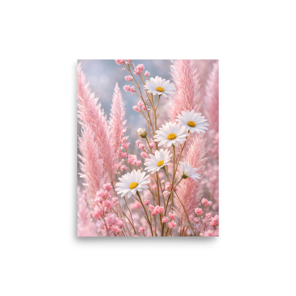Minimalist blush floral art print with white daisies and soft pink grasses in neutral tones