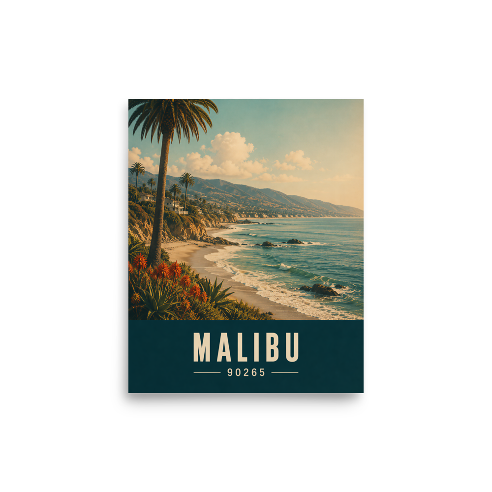 Retro Malibu California travel poster with palm tree and ocean cliff view, ZIP code 90265