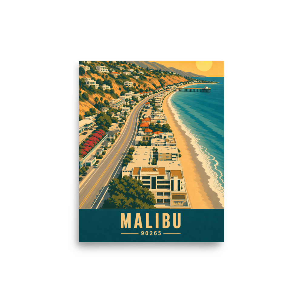 Aerial Malibu Pacific Coast Highway sunset poster with 90265 zip code