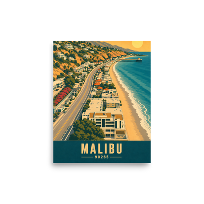 Aerial Malibu Pacific Coast Highway sunset poster with 90265 zip code