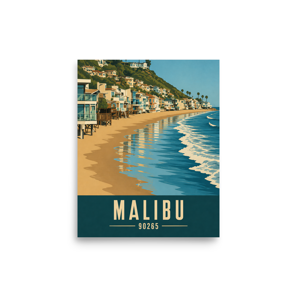 Malibu beach house coastal poster with 90265 zip code, beachfront wall art