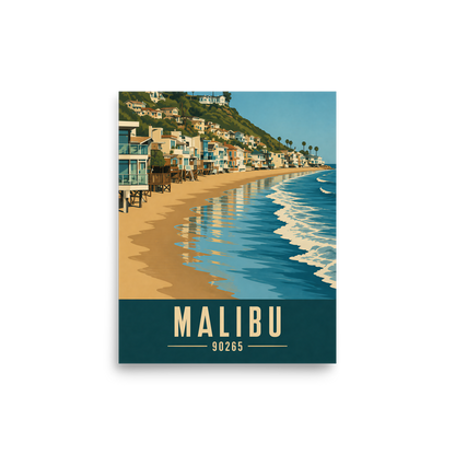 Malibu beach house coastal poster with 90265 zip code, beachfront wall art