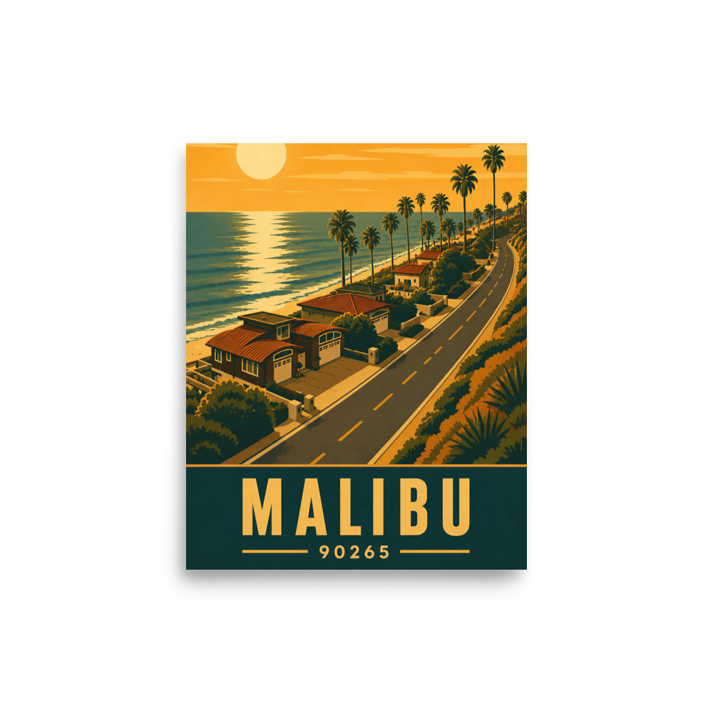 Malibu palm-lined sunset coastal road poster with 90265 zip code