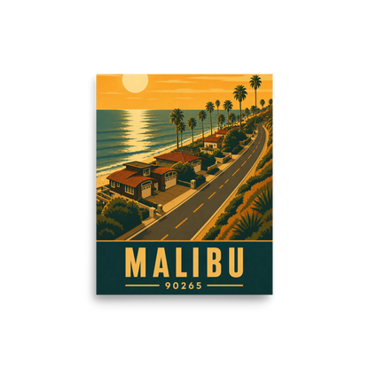 Malibu palm-lined sunset coastal road poster with 90265 zip code