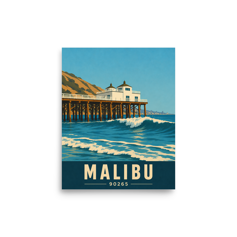 Malibu oceanfront pier and waves poster with 90265 zip code
