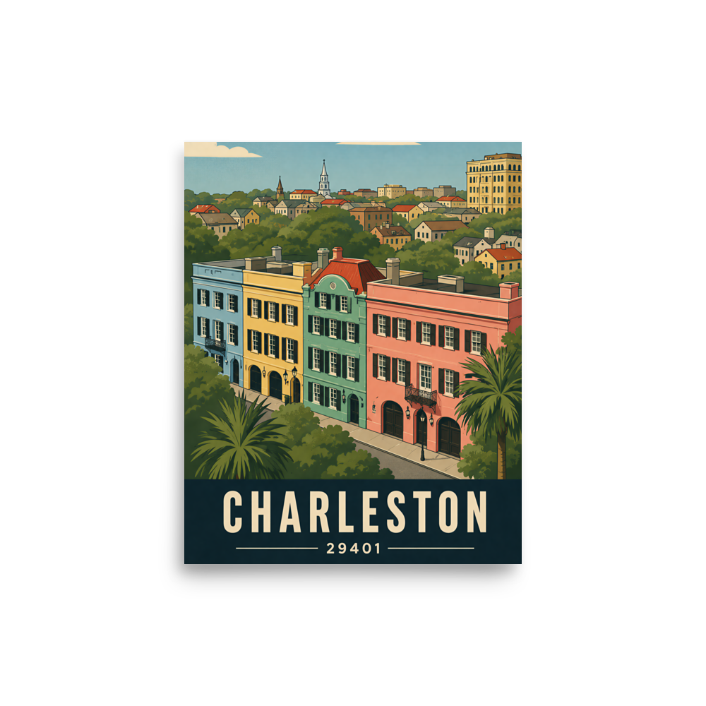Rainbow Row Charleston historic homes poster with 29401 zip code