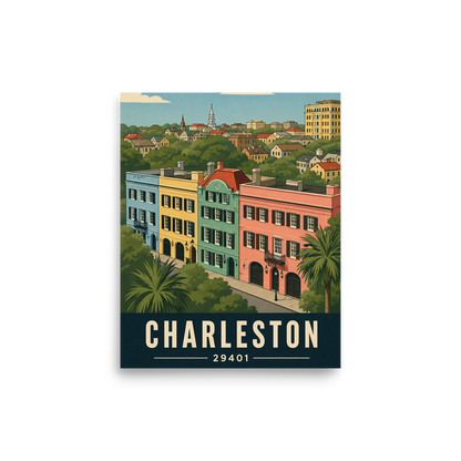 Rainbow Row Charleston historic homes poster with 29401 zip code