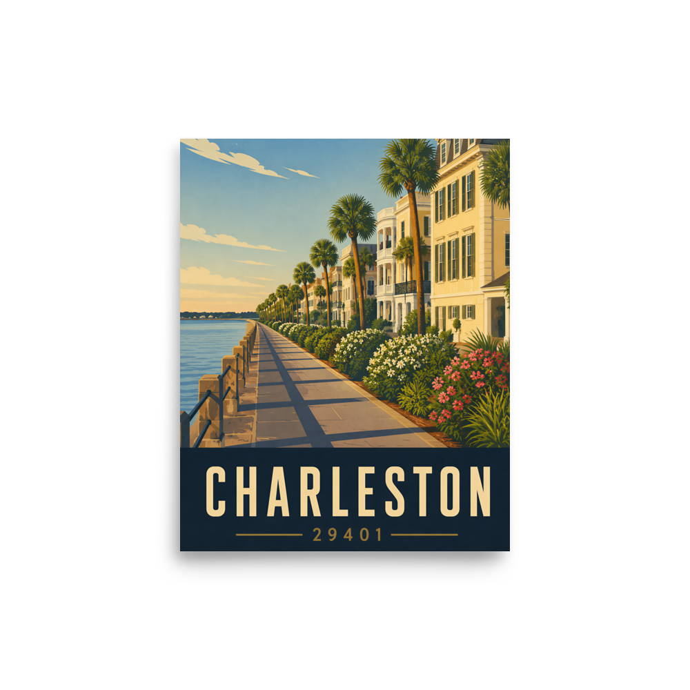 Charleston The Battery waterfront promenade poster with 29401 zip code