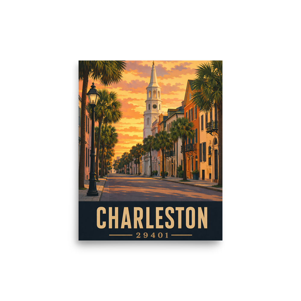 Charleston St. Michael's Church steeple sunset poster with 29401 zip code