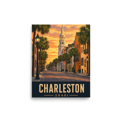 Charleston St. Michael's Church steeple sunset poster with 29401 zip code